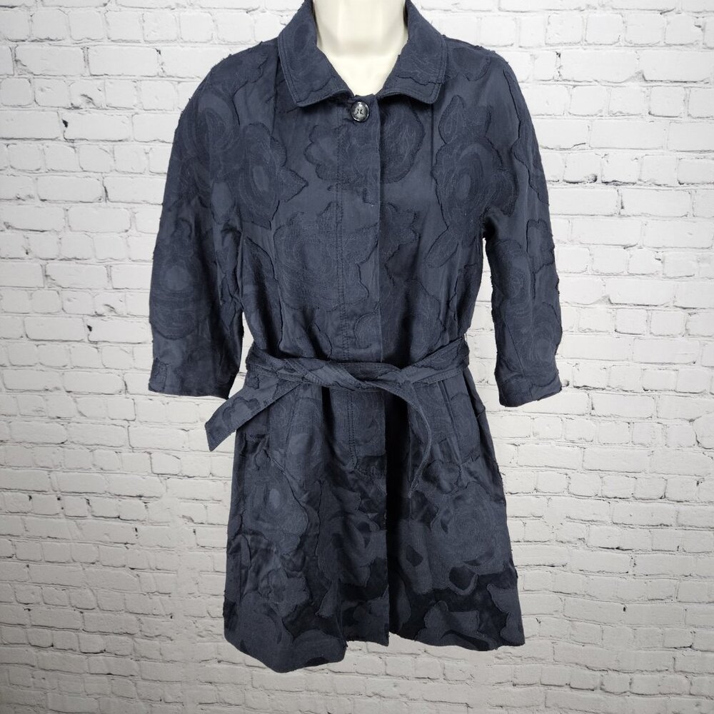 LaVia 18 Navy Floral Belted Buttoned 3/4 Sleeve Collared Lined Jacket 40 US 4